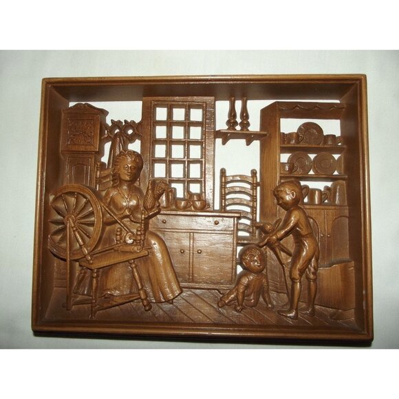 3 Burwood Vtg Wall Art Hanging Plaque 3D MCM Reading Time Hearth Spinning Wheel - Picture 6 of 16